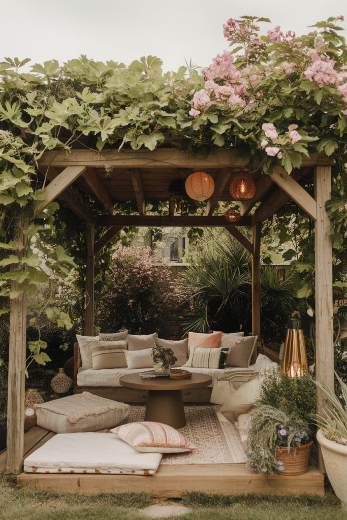 Cozy garden pergola with comfortable seating, lush greenery, and blooming flowers, creating a relaxing outdoor retreat.