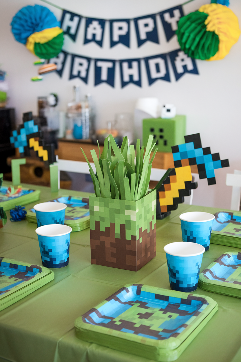 Minecraft theme birthday party setup with pixelated decorations and tableware.