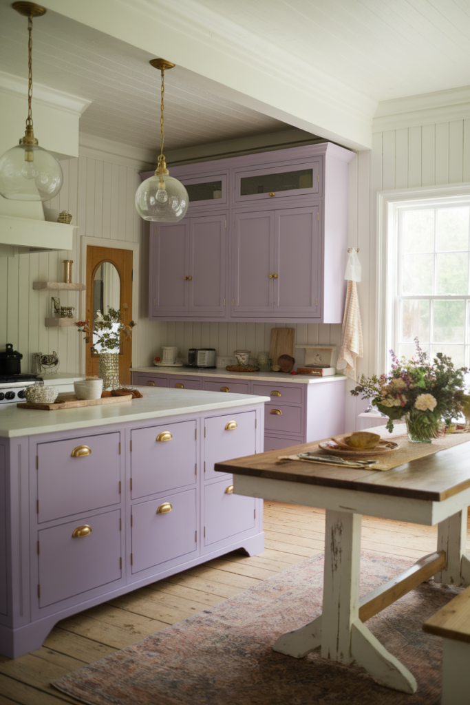 Charming kitchen with purple cabinets, marble island, rustic dining table, and floral decor in natural light.