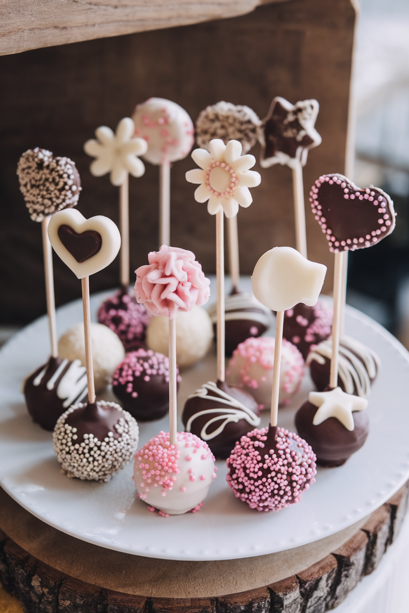 Assorted decorative cake pops with chocolate, sprinkles, hearts, and stars on a plate. Perfect for parties and celebrations.