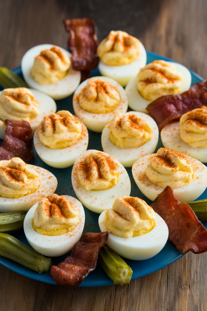 Plate of deviled eggs with paprika, bacon, and pickles on a wooden table. Perfect appetizer for parties.