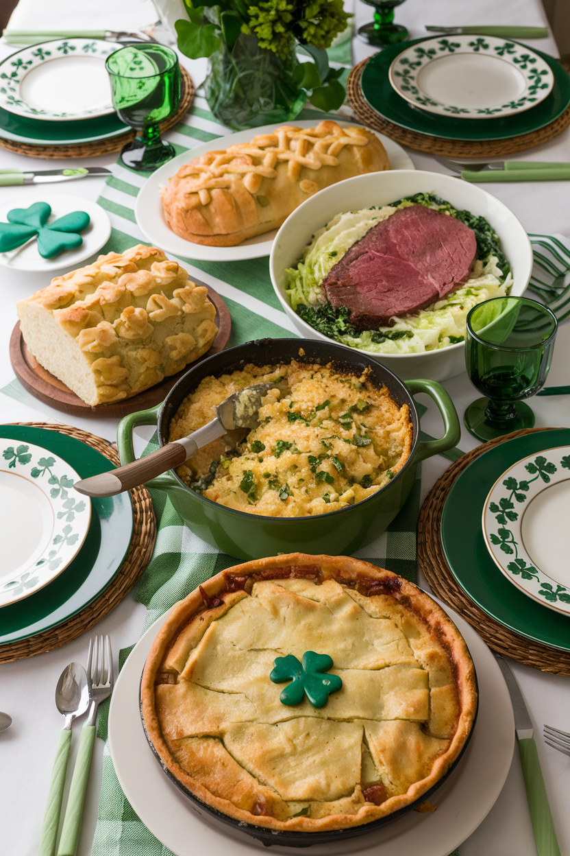 Festive St. Patrick’s Day dinner table with pies, corned beef, cabbage, and themed decorations.