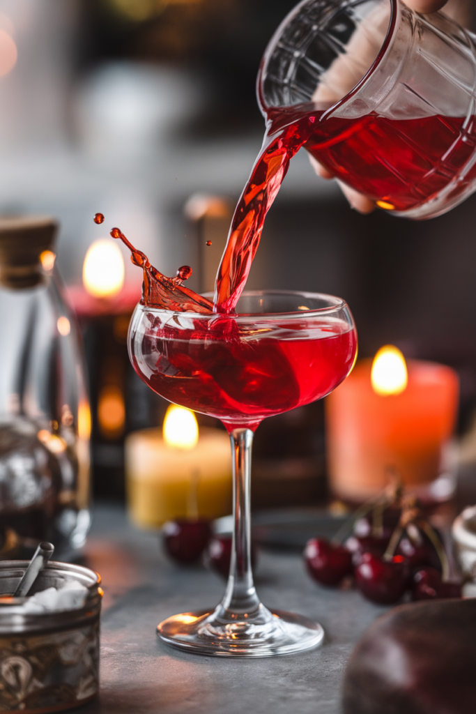 Red cocktail being poured into a glass surrounded by candles and cherries, creating a cozy, inviting atmosphere.