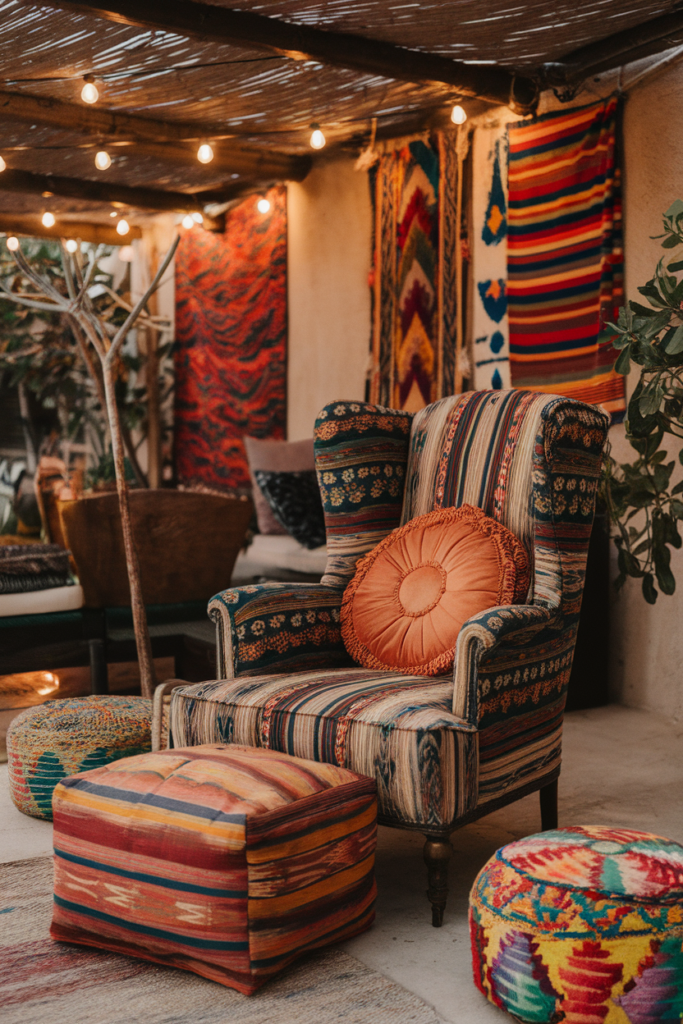 Cozy bohemian patio with colorful tapestry, patterned armchair, poufs, and string lights. Warm and inviting vibe.