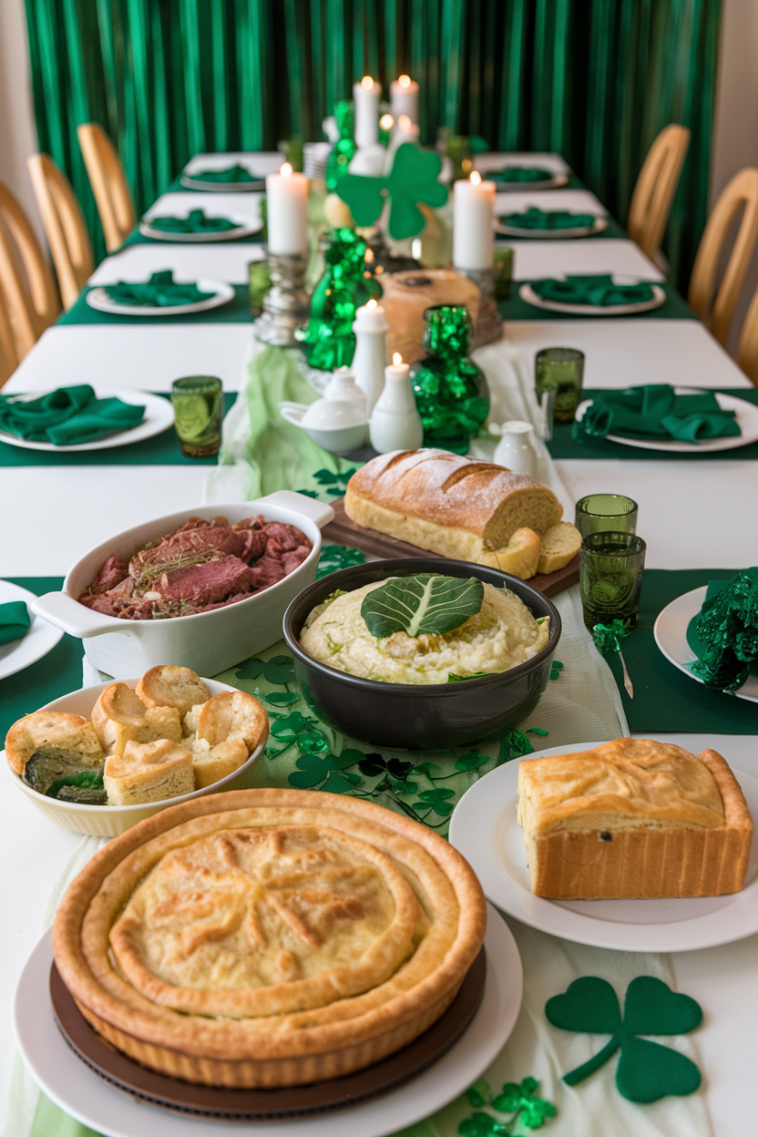 Festive St. Patrick's Day table with green decor and traditional Irish dishes ready for celebration.