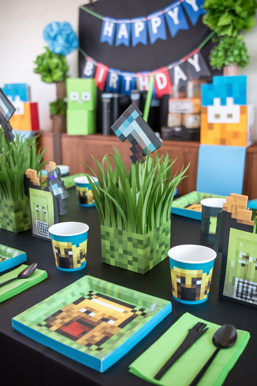 Minecraft-themed birthday party table with pixel decorations and utensils.