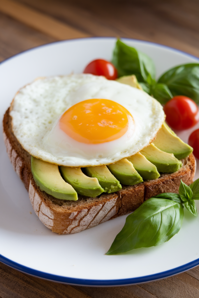 Avocado toast topped with a sunny-side-up egg, garnished with cherry tomatoes and basil leaves on a white plate.