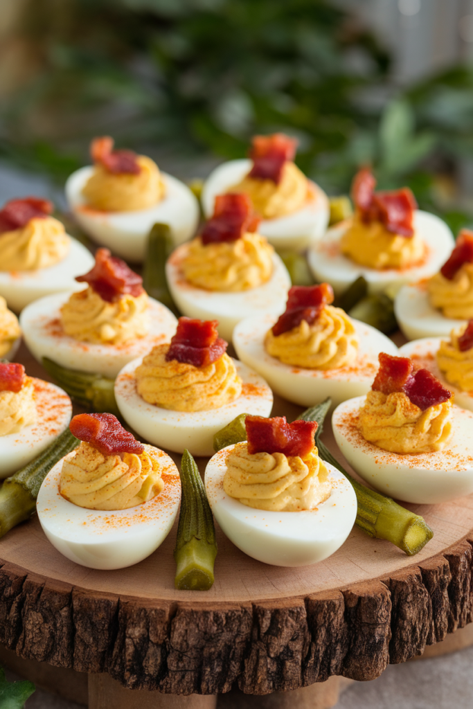 Deviled eggs topped with crispy bacon on a wooden platter, garnished with pickles, perfect for parties.