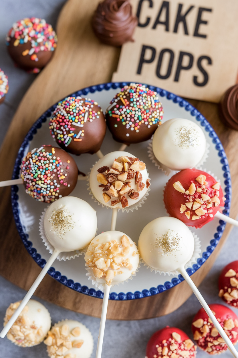 Assorted cake pops with sprinkles and nuts on wooden board and plate, perfect for a colorful dessert display.