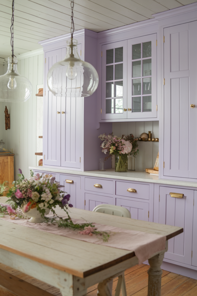 Lavender kitchen cabinets with rustic table and floral decor, featuring glass pendants and elegant ambiance.