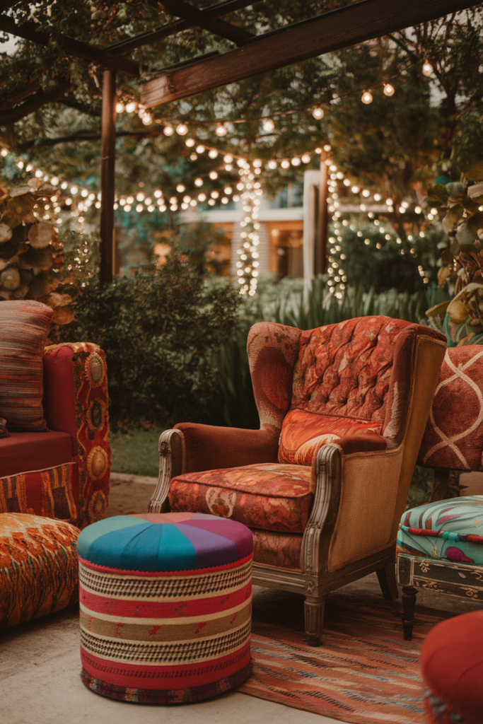 Cozy outdoor seating with colorful chairs and fairy lights in a garden setting at dusk.