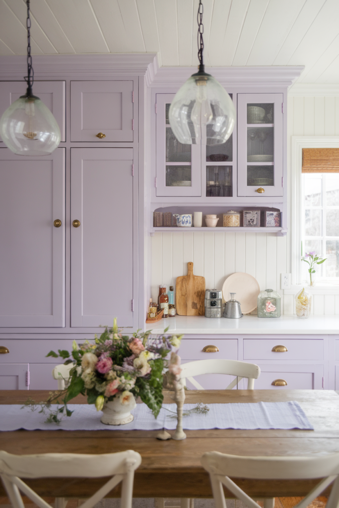 Charming kitchen with lavender cabinets, wooden table, floral centerpiece, and pendant lights. Cozy and stylish interior.