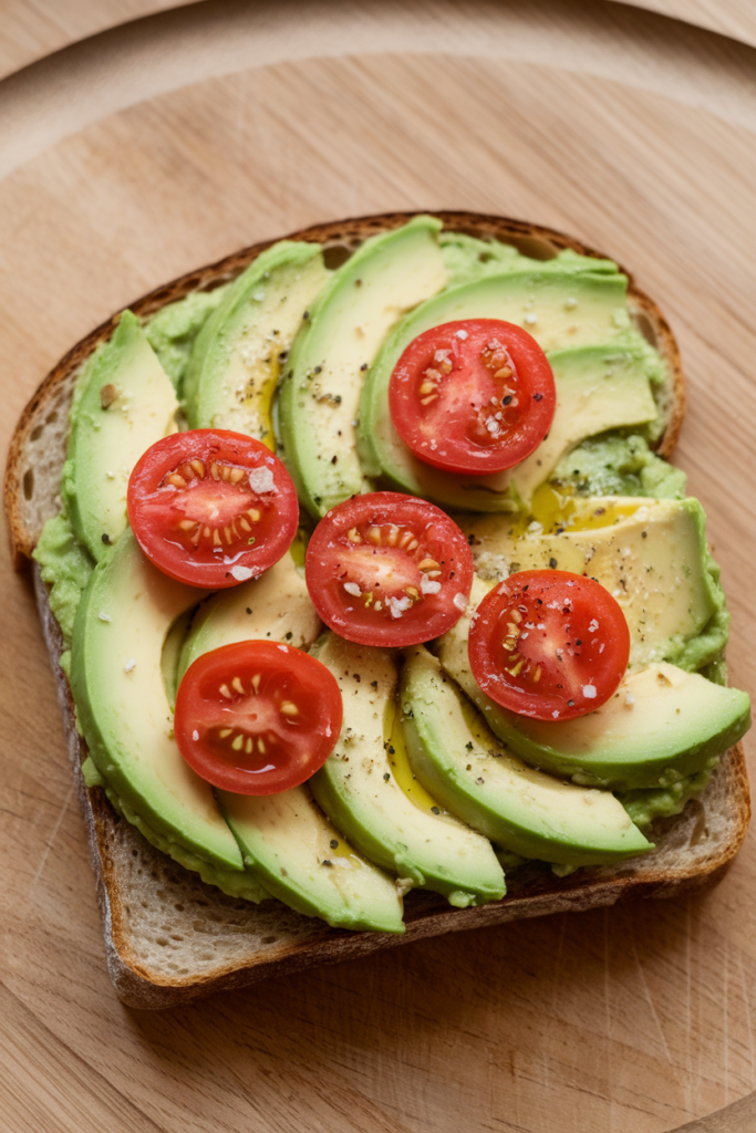 Avocado toast topped with fresh tomato slices on a wooden board. Perfect for a healthy breakfast or snack.