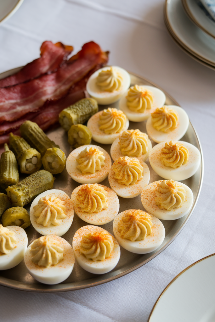 Plate with deviled eggs, pickles, and crispy bacon on a white tablecloth, perfect for brunch.