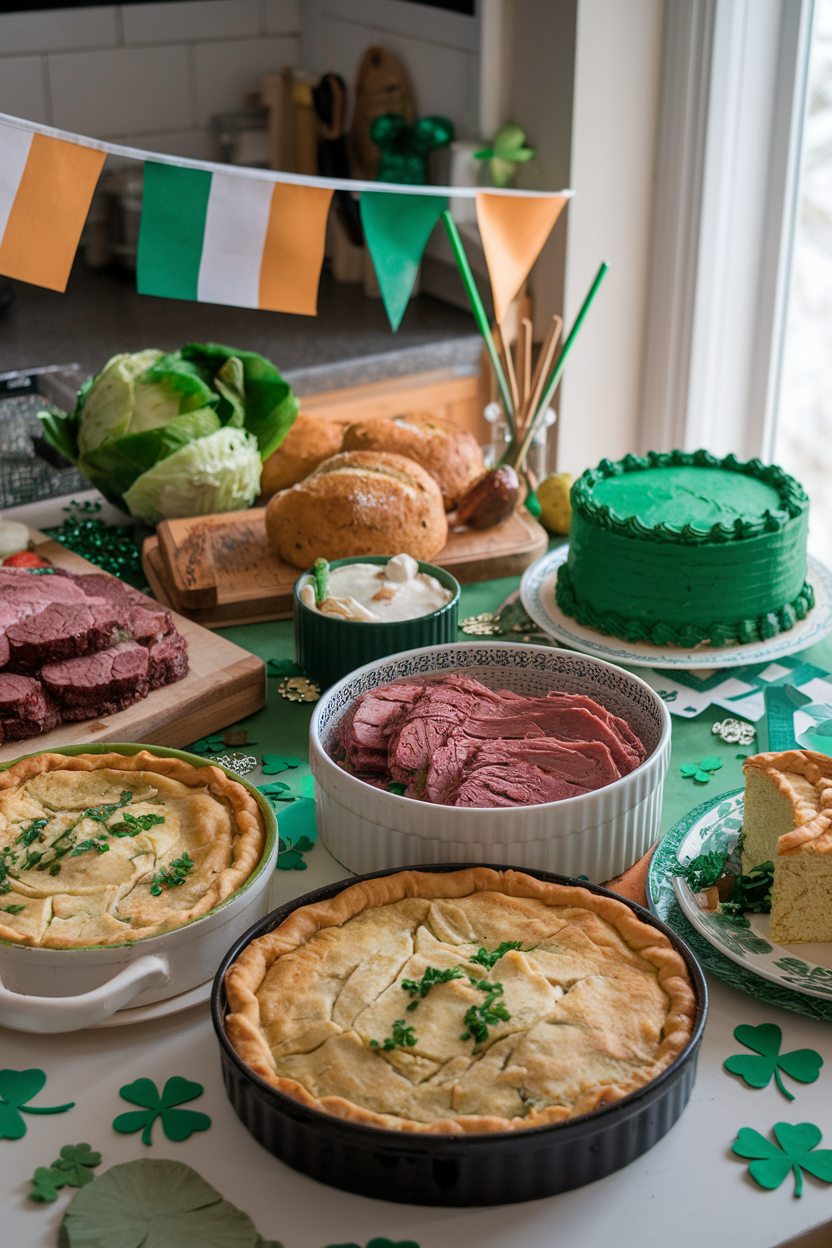 Irish-themed feast with pies, corned beef, green cake, and decorations for St. Patrick's Day celebration.