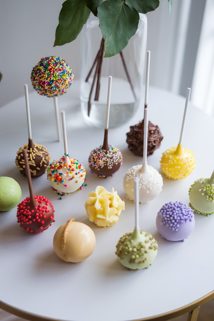 Colorful cake pops with sprinkles and frosting on a white table, decorated with leaves in a glass vase.