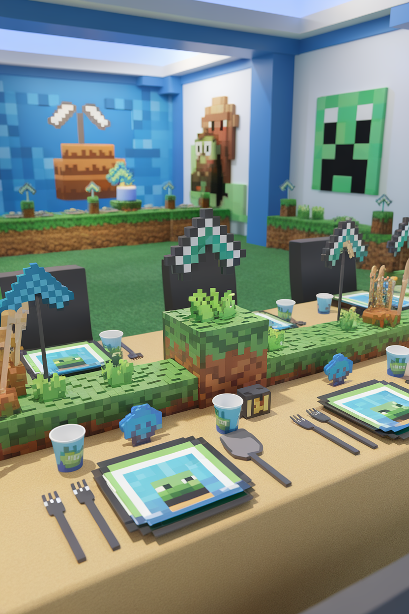 Minecraft-themed birthday party table with pixel-style decorations and plates.