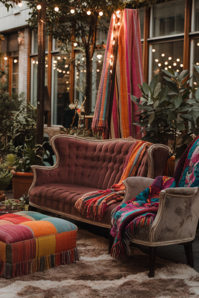 Cozy outdoor lounge with colorful blankets, vintage sofa, and string lights surrounded by lush greenery.