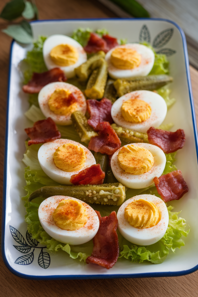 Deviled eggs with paprika, bacon, and pickles on a bed of lettuce, arranged on a decorative serving platter.