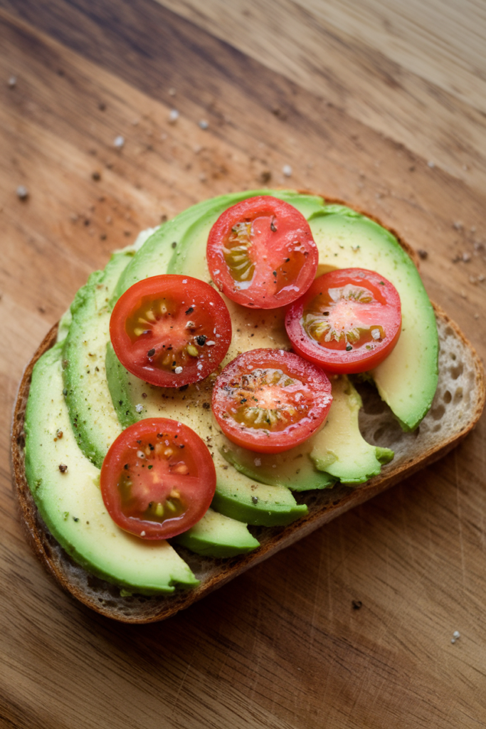 Avocado toast topped with fresh tomato slices on a wooden board.