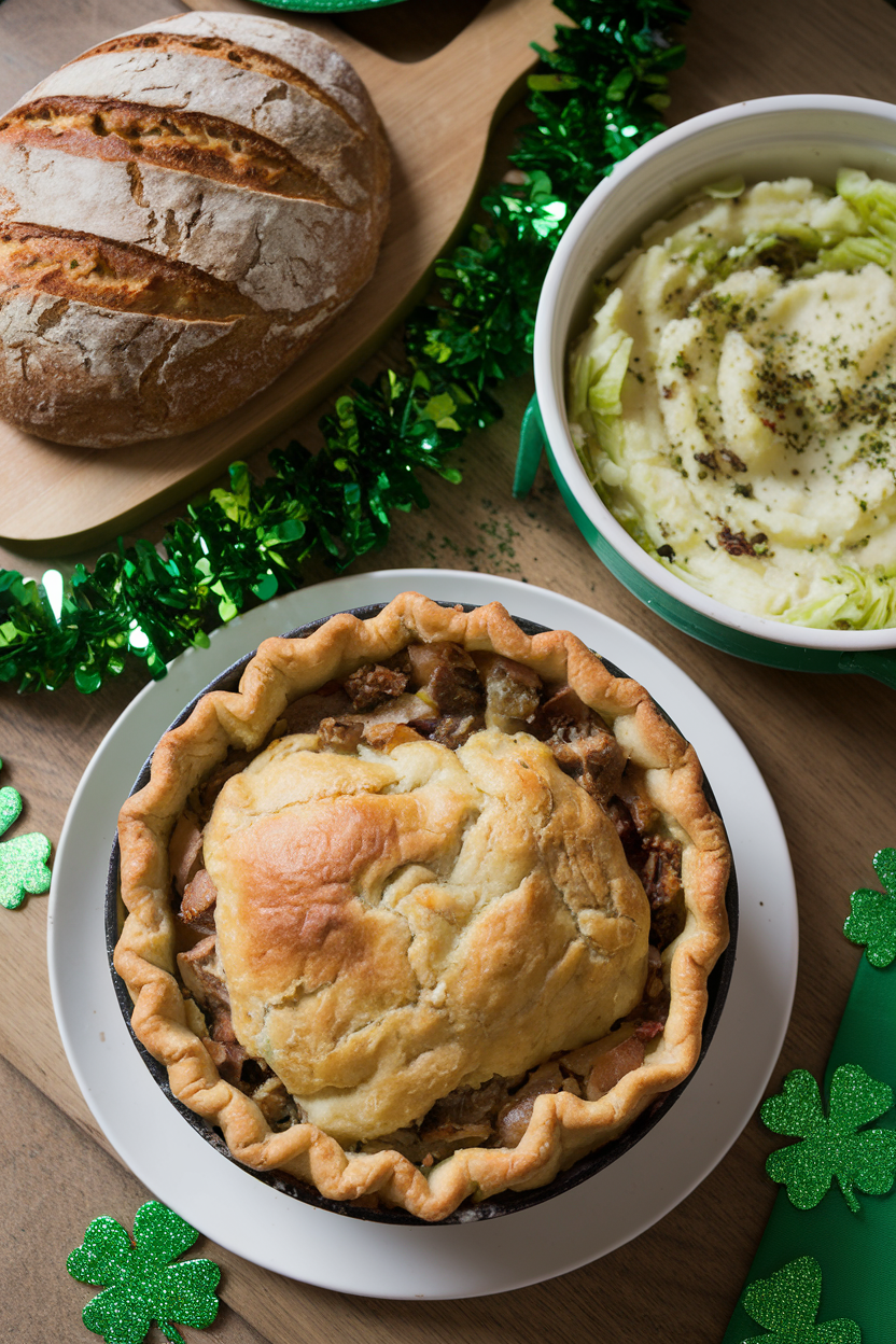 Irish-inspired meal with pie, mashed potatoes, and bread, surrounded by festive shamrocks and greenery.