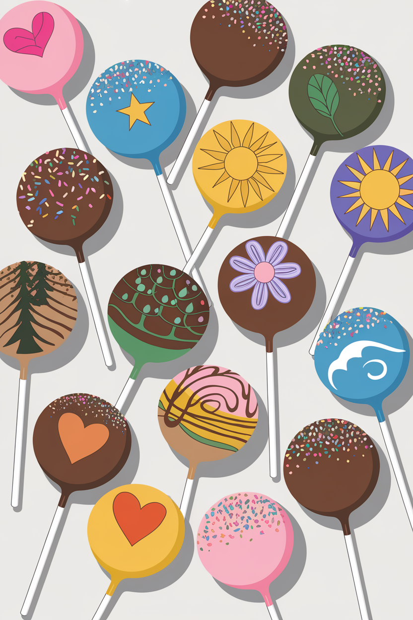 Colorful decorated cake pops with various designs, including hearts, stars, and flowers on white sticks.