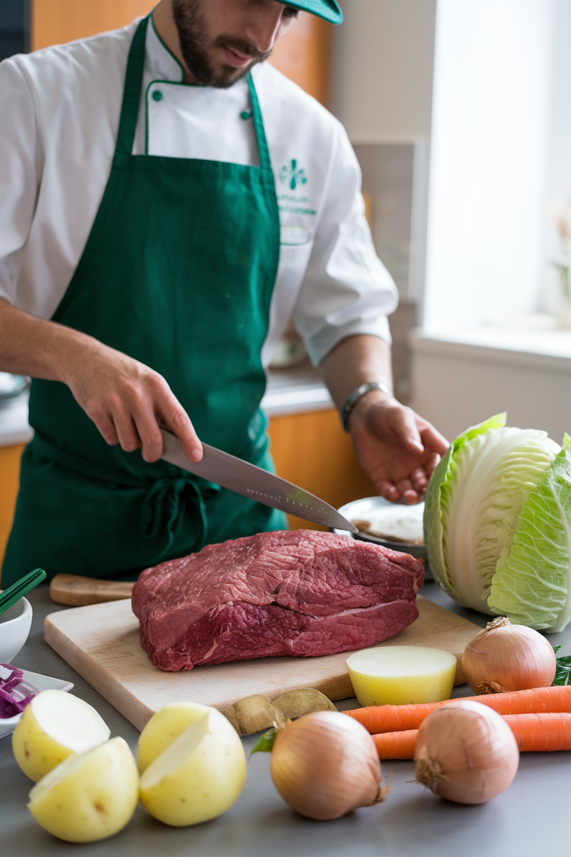 Chef slicing fresh beef with cabbage and vegetables on a kitchen counter.