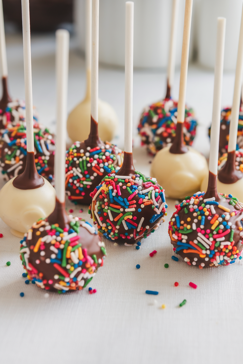 Colorful sprinkle cake pops with chocolate and vanilla coating displayed on a white surface.