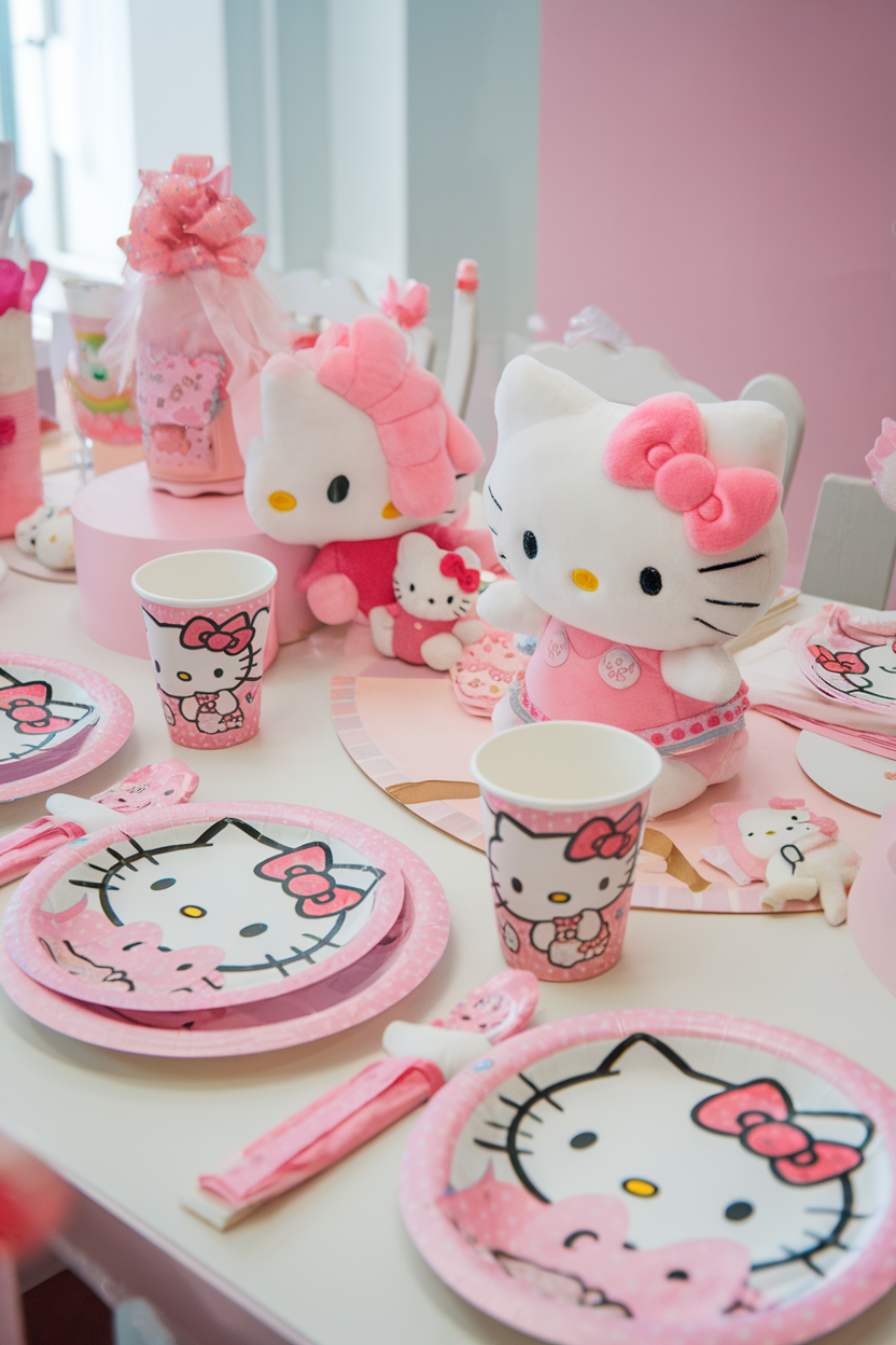 Hello Kitty themed birthday party table setup with plush toys, plates, and cups in pink and white.