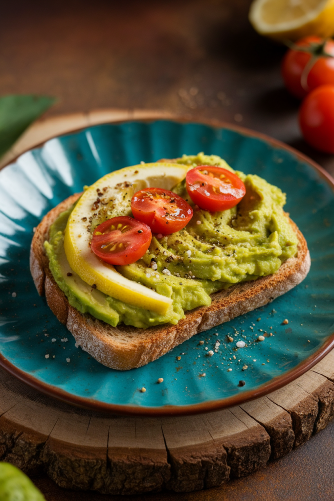 Avocado toast topped with lemon slices and cherry tomatoes on a teal plate, seasoned with salt and pepper.