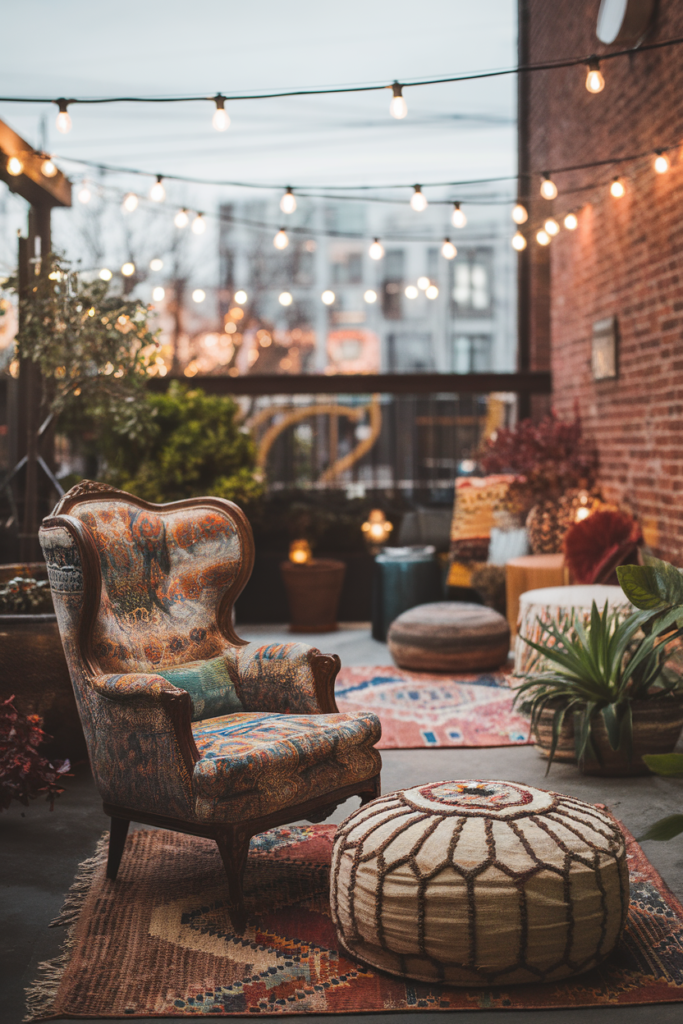 Cozy outdoor patio with eclectic armchair, patterned rugs, potted plants, and warm string lights in an urban setting.