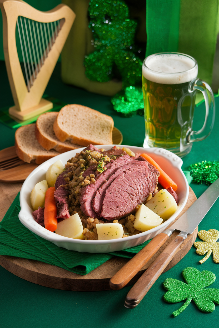 Irish corned beef with carrots, potatoes, and beer on St. Patrick's Day table with bread and shamrock decor.