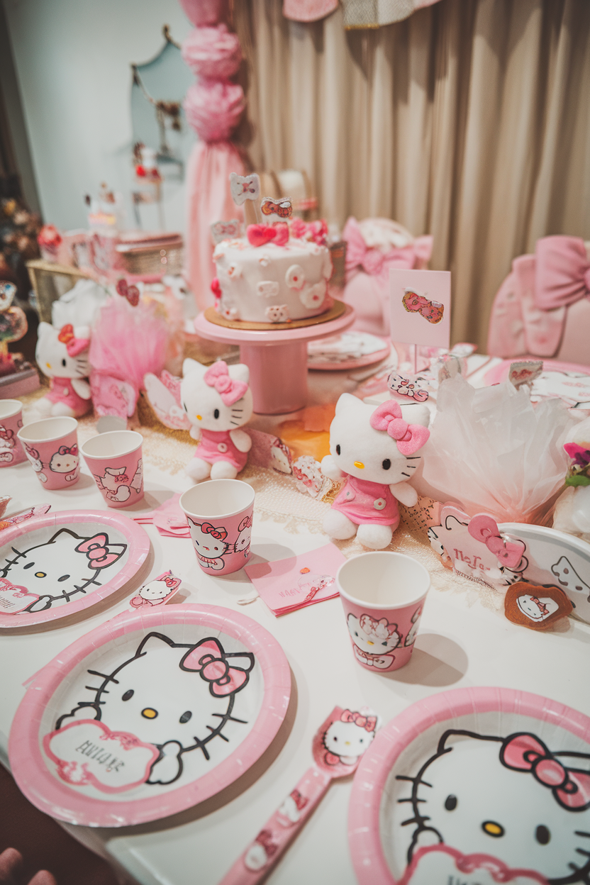 Hello Kitty-themed birthday party table with pink cake, plates, cups, and decorations.