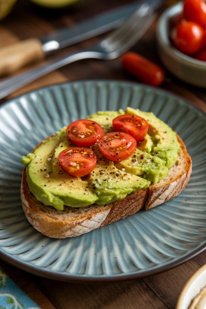 Avocado toast with cherry tomatoes on a blue plate, garnished with pepper and salt. Ideal for a healthy breakfast.