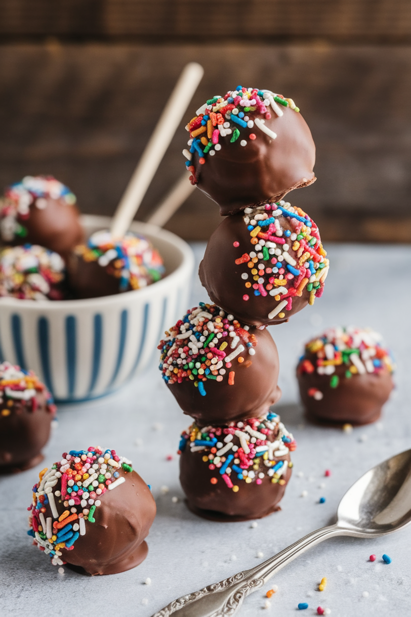 Chocolate balls with colorful sprinkles stacked with a striped bowl and spoon nearby on a gray surface.