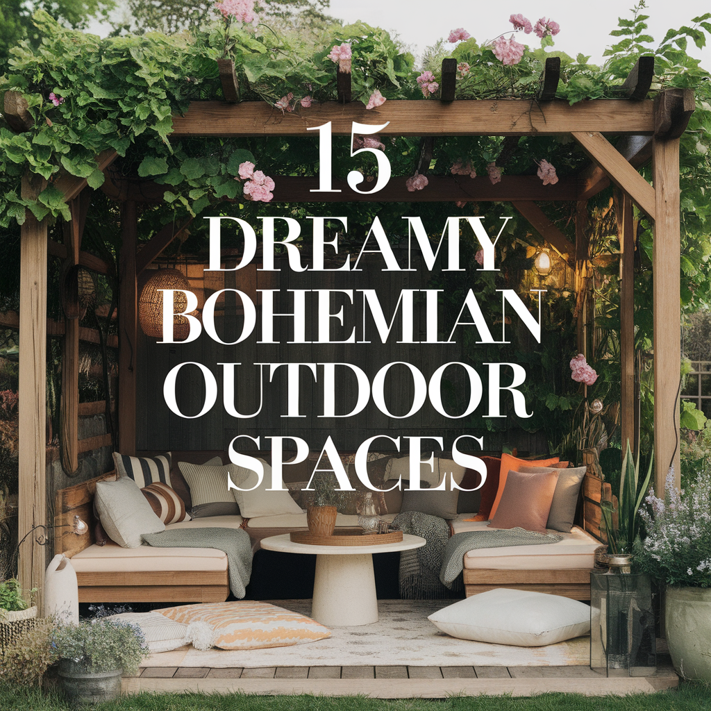 Bohemian outdoor lounge with cozy seating, plants, and lanterns. Text: 15 Dreamy Bohemian Outdoor Spaces.