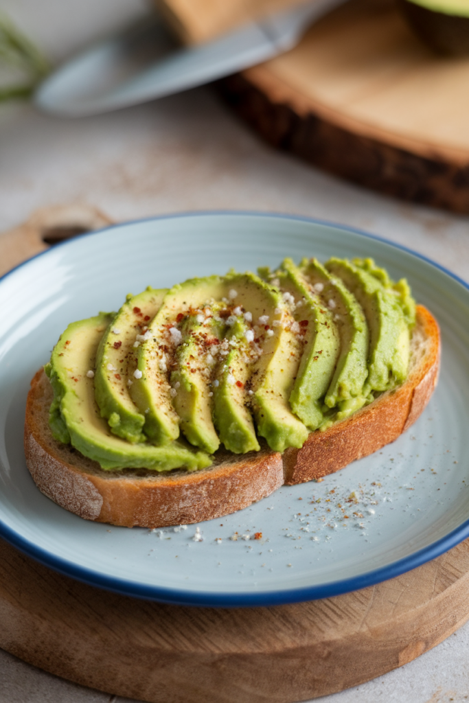 Avocado toast garnished with spices on a blue plate, served on a wooden table.