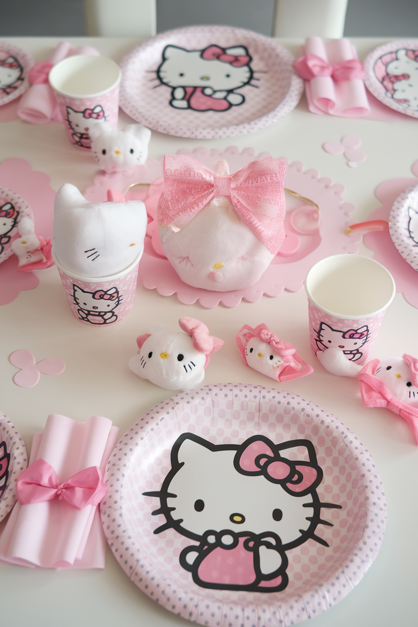 Hello Kitty-themed party table setting with pink plates, cups, and plushies. Perfect for a cute birthday celebration.