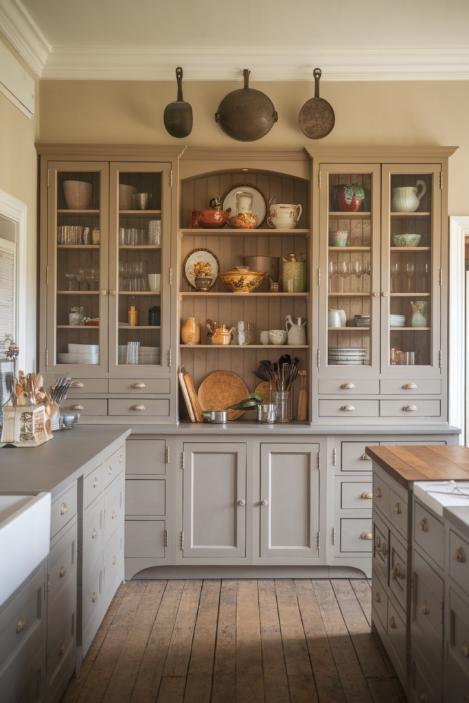 Vintage kitchen with gray cabinets, glass doors, rustic decor, wooden floor, and hanging pots.