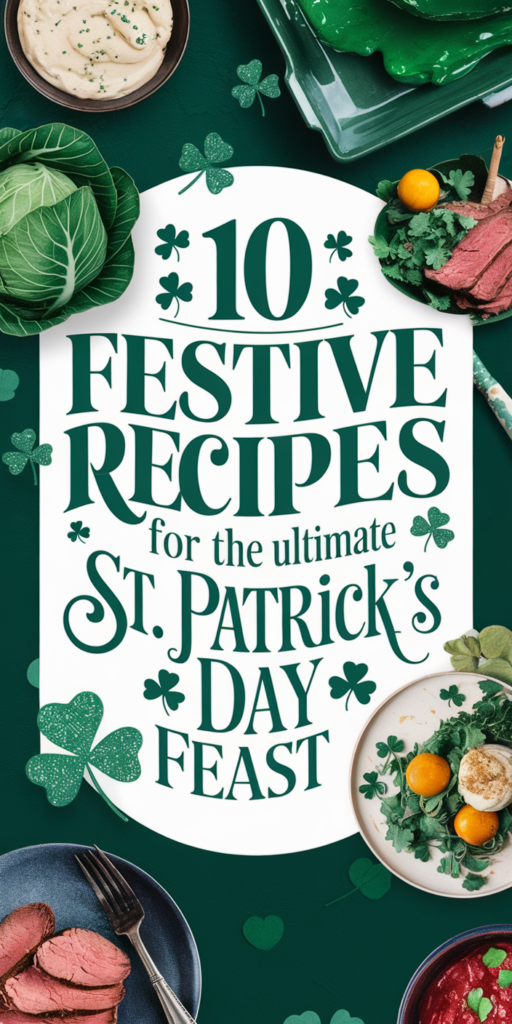 10 festive recipes for St. Patrick's Day feast with greens, meat, and shamrock decor.