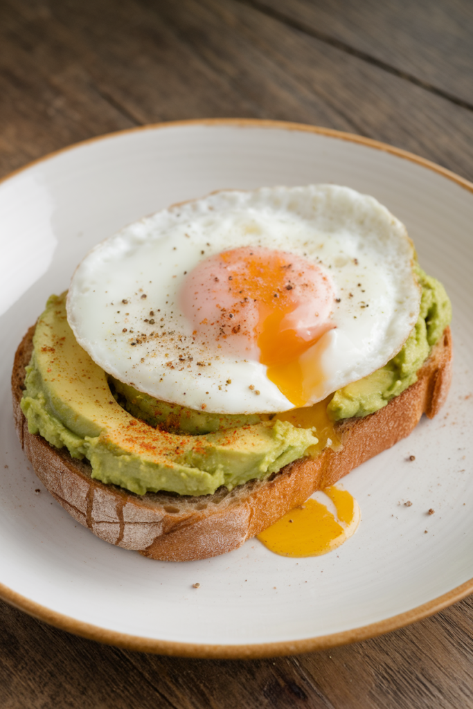 Avocado toast with fried egg and seasoning on a rustic wooden table, gourmet breakfast dish close-up.