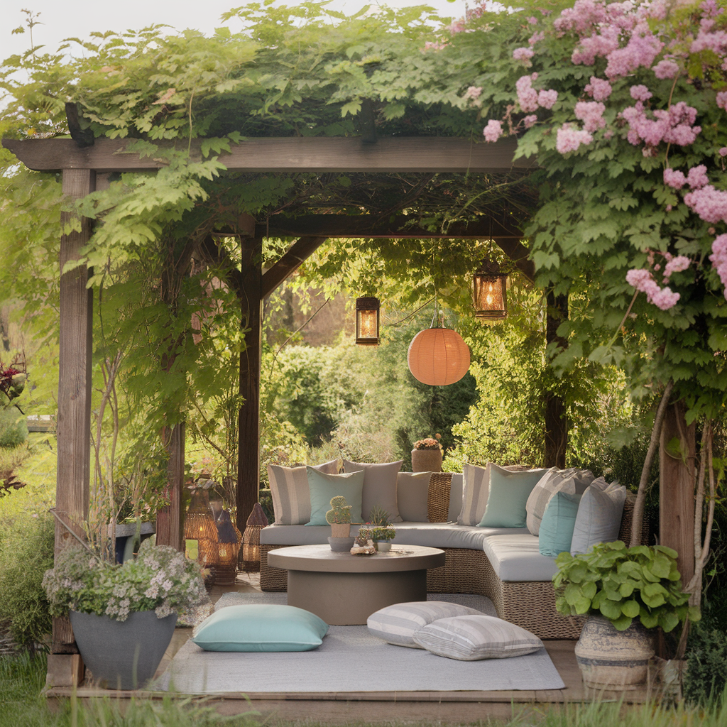 Cozy garden pergola with lush vines, lanterns, and wicker seating adorned with cushions and plants for relaxing outdoor ambiance.