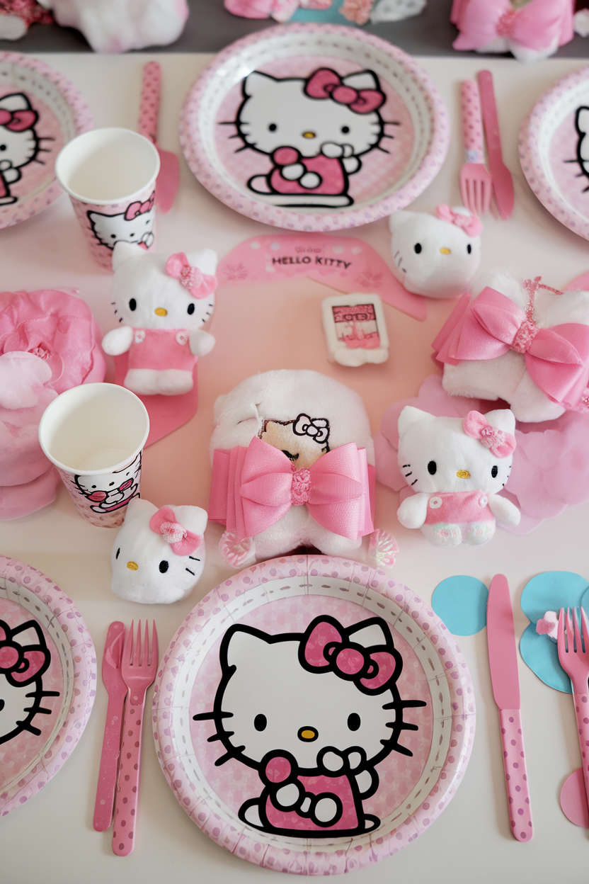 Hello Kitty themed table setting with pink plates, cutlery, and plush toys. Perfect for a cute party decor.