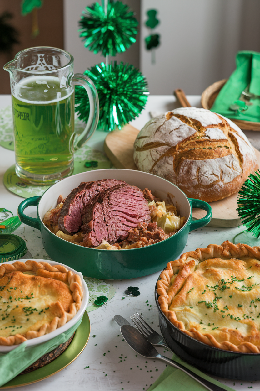 St. Patrick's Day feast with corned beef, pies, green beer, and bread on decorated table.