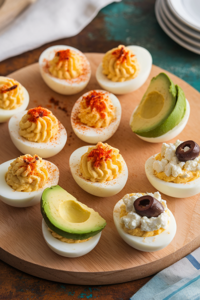 Delicious deviled eggs with paprika, avocado, cottage cheese, and olives on a wooden board. Perfect appetizer.