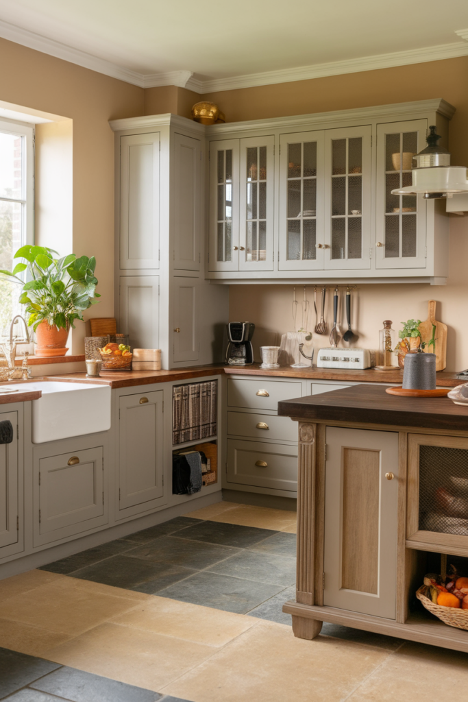 Cozy farmhouse kitchen with beige cabinets, wooden countertops, and decorative details.