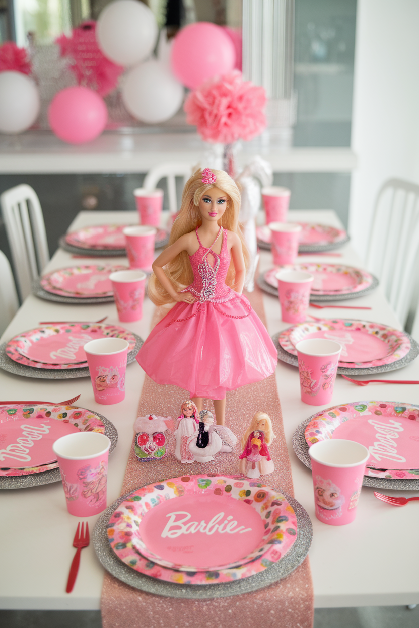 Barbie-themed party table with Barbie doll centerpiece, pink plates, and cups adorned with balloons and decorations.