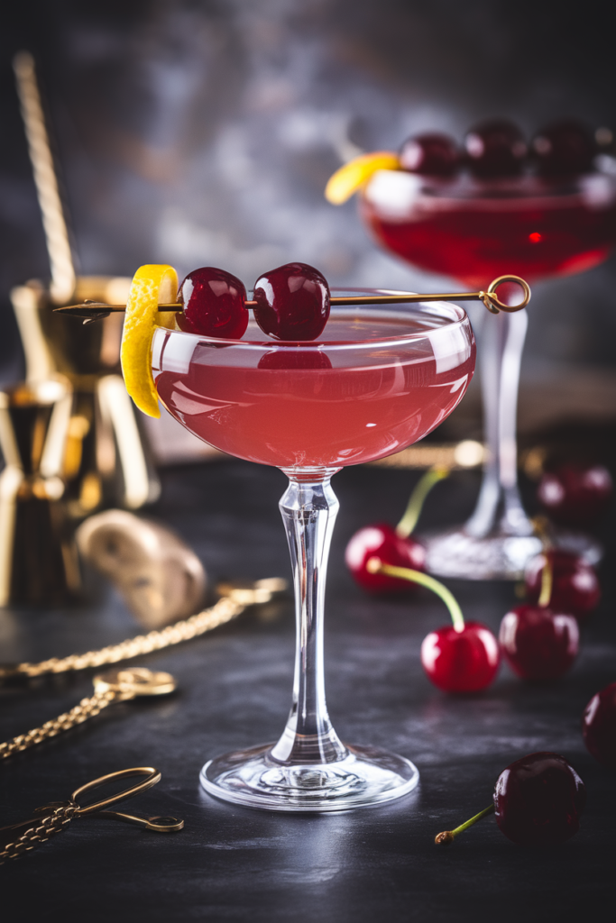 Elegant cherry cocktail garnished with cherries and citrus peel in a glass, surrounded by cocktail tools.