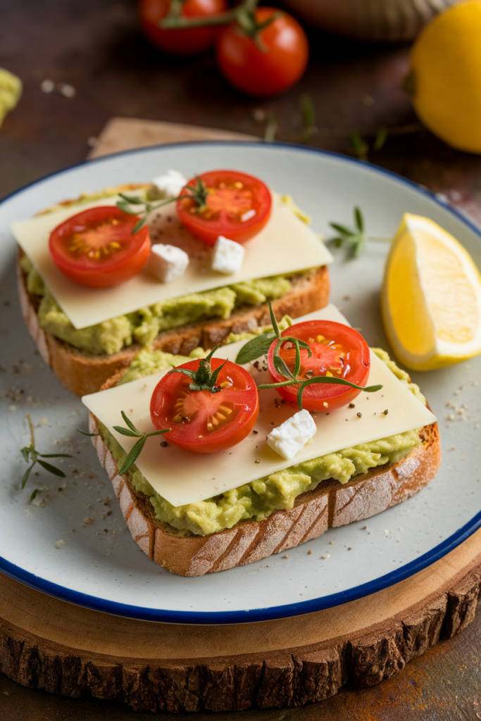 Avocado toast with cheese, cherry tomatoes, and feta on a plate with lemon slice. Perfect healthy breakfast idea.