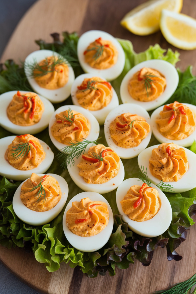 Delicious deviled eggs garnished with dill and paprika on a bed of lettuce with lemon wedges in the background.